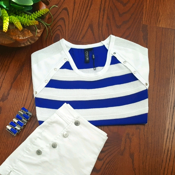 COLORI White & Blue Tee for Women Size P/S - Picture 2 of 7